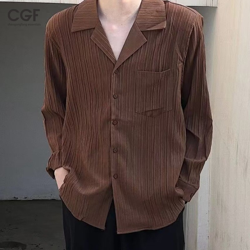 Chaogongfang เสื้อเชิ้ตแขนยาวลําลอง คอปกคิวบา ทรงหลวม สีพื้น แฟชั่นฤดูใบไม้ผลิ และฤดูร้อน สําหรับเด็กผู้ชาย