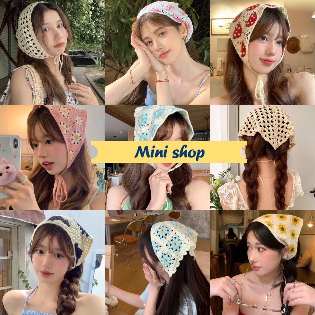 Mini shop🌸พร้อมส่ง🌸 (TJ-111) ผ้าโพกผมถักไหมพรม ทรงสามเหลี่ยม ลายน่ารัก
