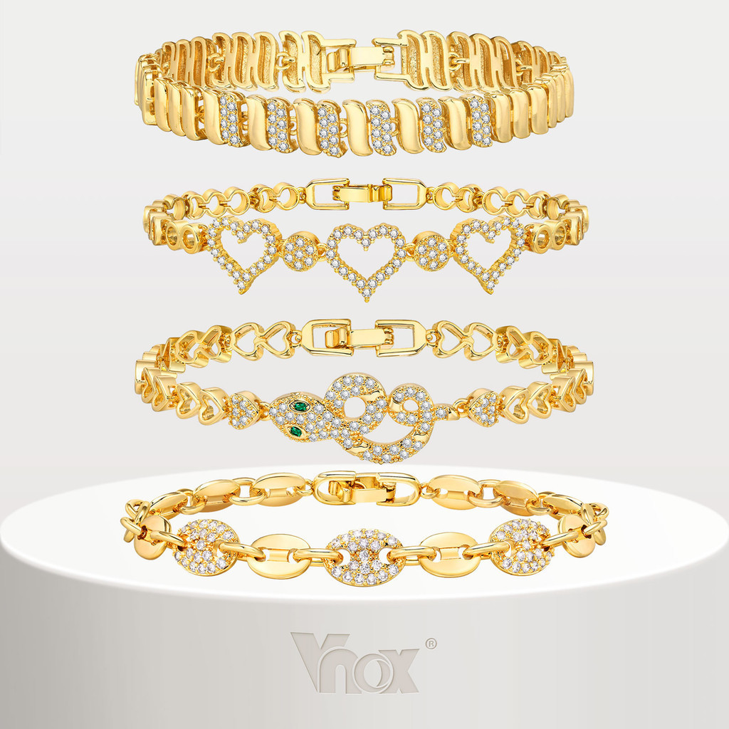 Vnox สร้อยข้อมือโซ่ ประดับลูกปัดเพทาย ทอง 18k สีขาว สําหรับผู้หญิง งานแต่งงาน