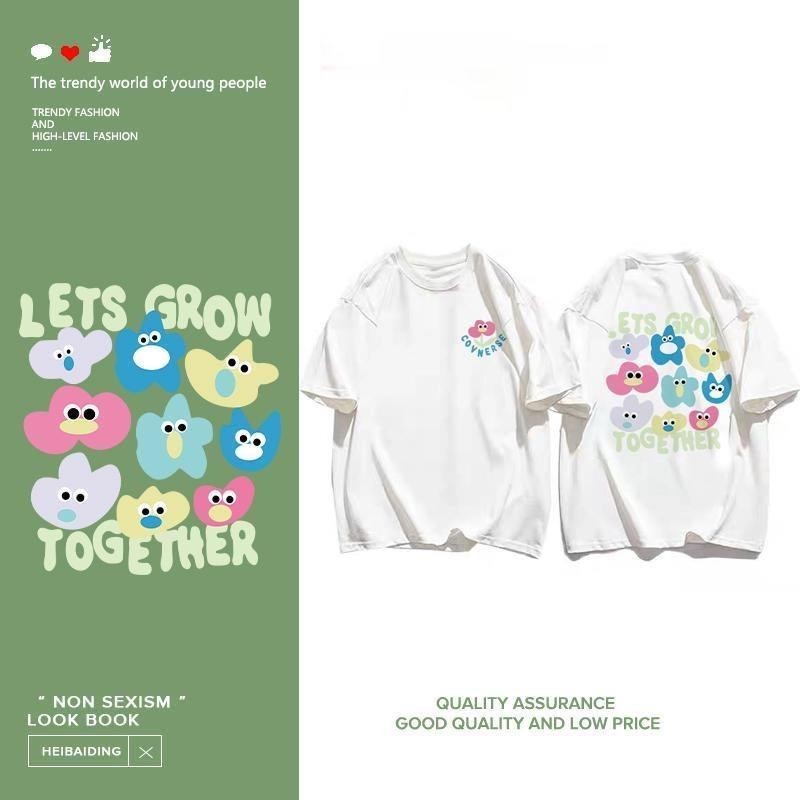 เกาหลี เสื้อแบบดารา เสื้อยืดแขนสั้น CMDXY0463 ผู้ชาย ผู้หญิง ลายทาง ตัวอักษร หลวม ลายสกรีน ฤดูร้อน ฤดูใบไม้ผลิ
