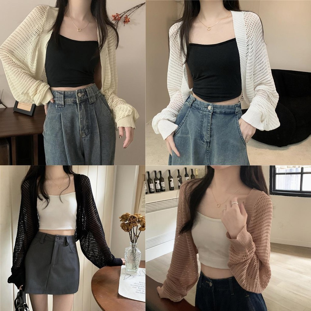 KOKO 4913 เสื้อไหมพรมลำลอง แขนยาว เสื้อคาร์ดิแกนสั้นทรงหลวมสไตล์เกาหลีป้องกันแสงแดดถักพร้อมแจ็คเก็ตสำหรับผู้หญิง