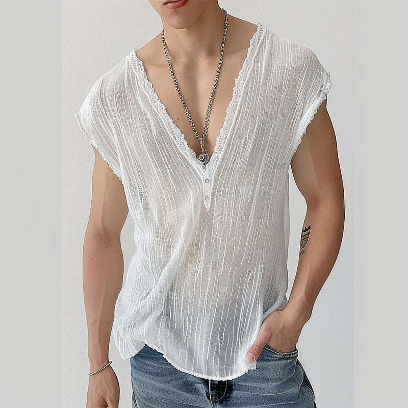 Incerun เสื้อกล้ามซีทรู แขนกุด คอวี สีพื้น สไตล์เกาหลี ลําลอง สําหรับผู้ชาย