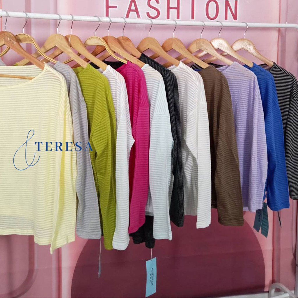 พร้อมส่ง เสื้อยืดเเขนยาวสีสันสดใส ลายทาง สำหรับผู้หญิง