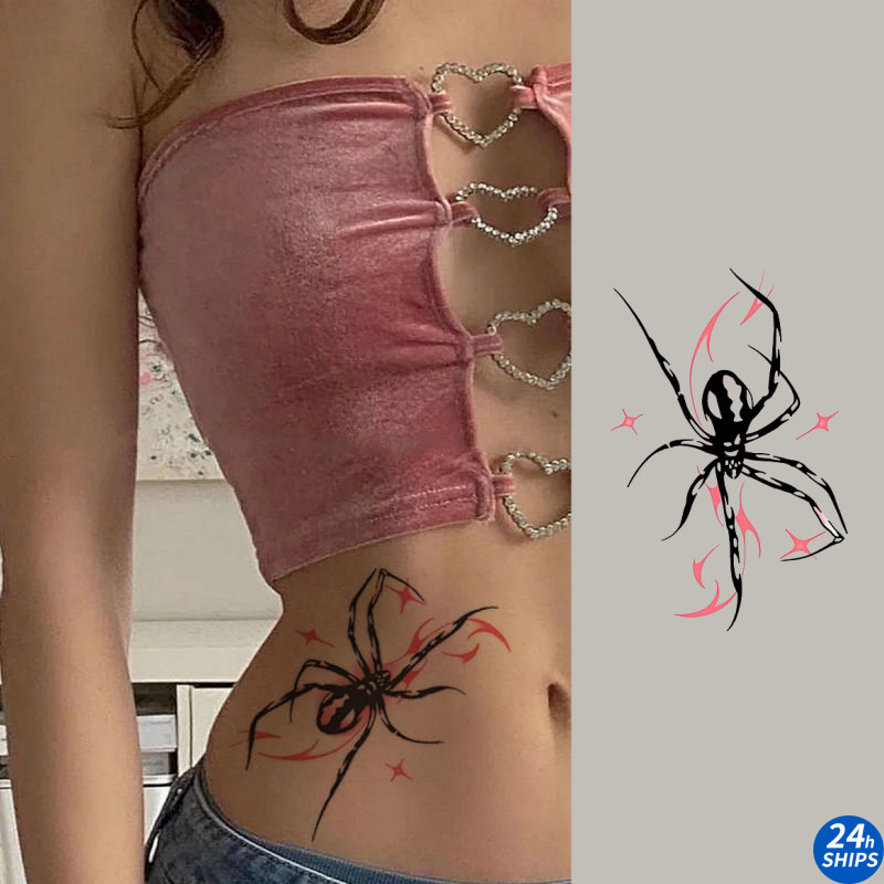สติกเกอร์รอยสักชั่วคราว ลายแมงมุม สีแดง กันน้ํา ติดทนนาน 7 วัน