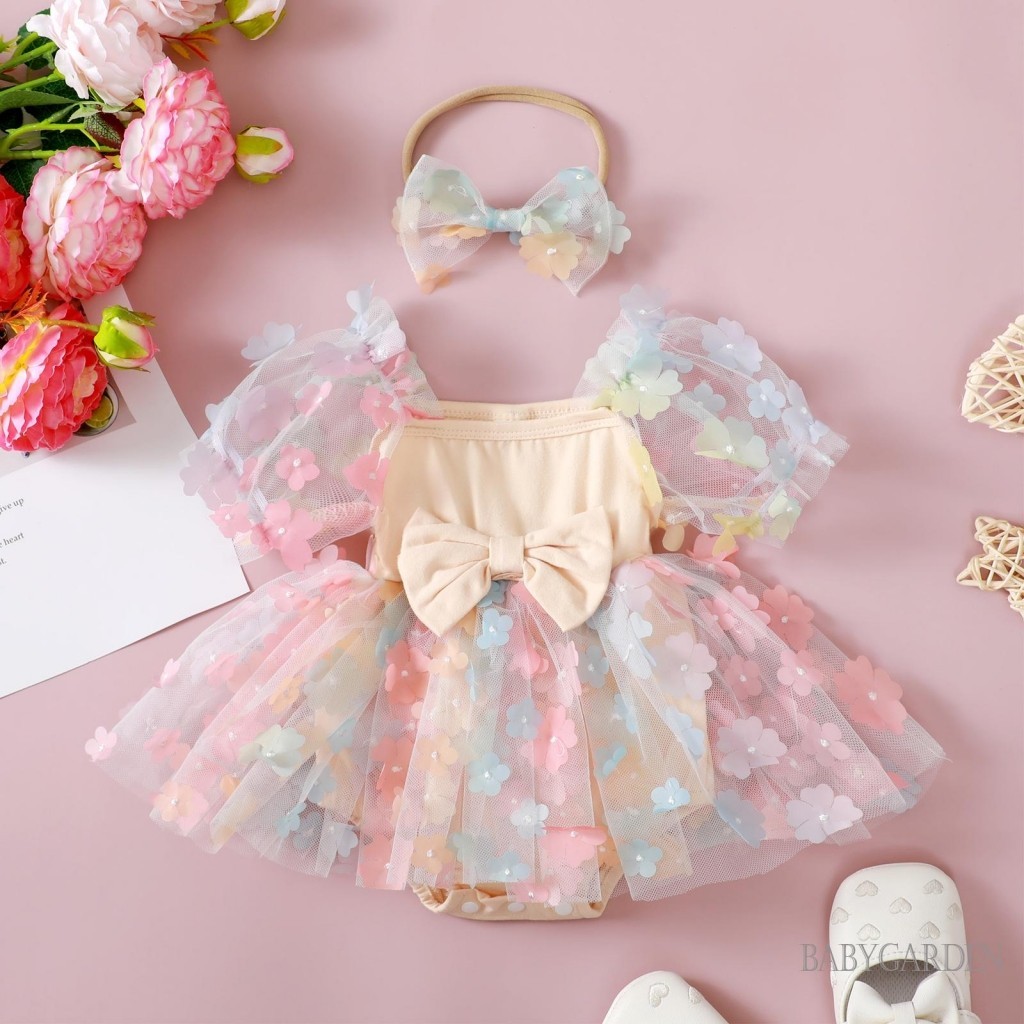 Baga- ชุดรอมเปอร์ แขนสั้น ผ้าตาข่าย ลายดอกไม้ พร้อมที่คาดผม แฟชั่นฤดูร้อน สําหรับเด็กทารกผู้หญิง