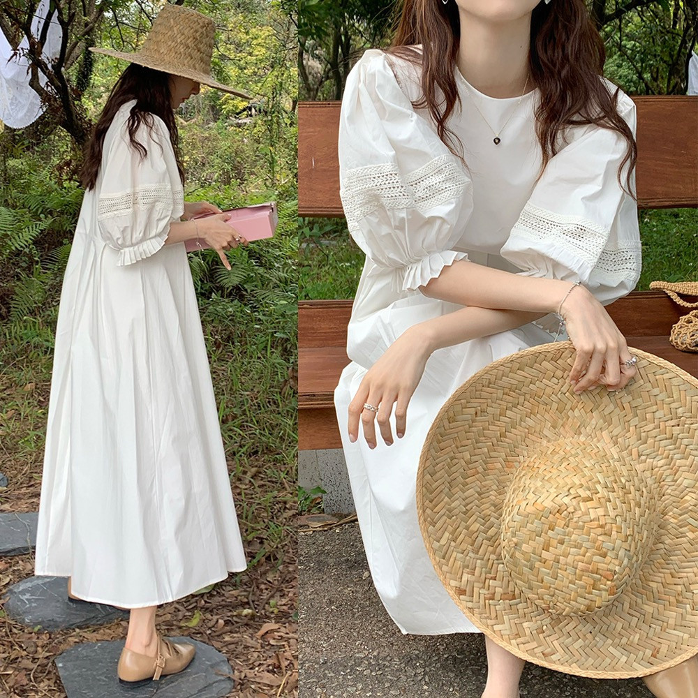 ชุดเดรสกระโปรงยาว แขนพัฟ ผ้ากํามะหยี่ สีขาว สไตล์เกาหลี สําหรับสตรี NC6A