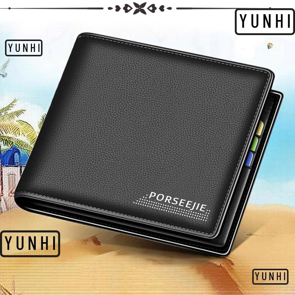 Yunhi กระเป๋าสตางค์ ใบสั้น หนัง PU ขนาดเล็ก แบบพกพา ป้องกันการโจรกรรม สําหรับผู้ชาย