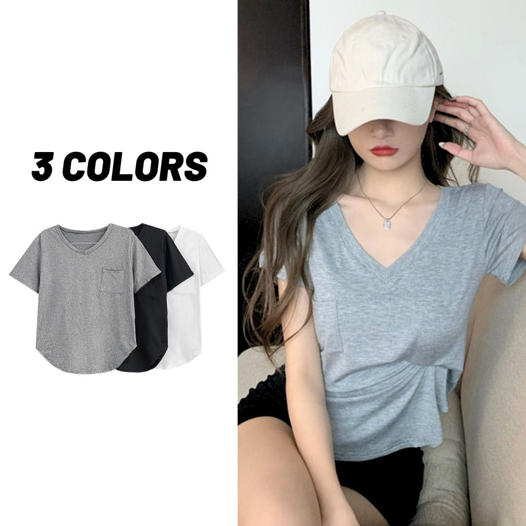 Sale80% เสื้อคอวี แขนสั้น ชายเว้าโค้ง รุ่นมีกระเป๋าหน้า สีพื้น 3 สี