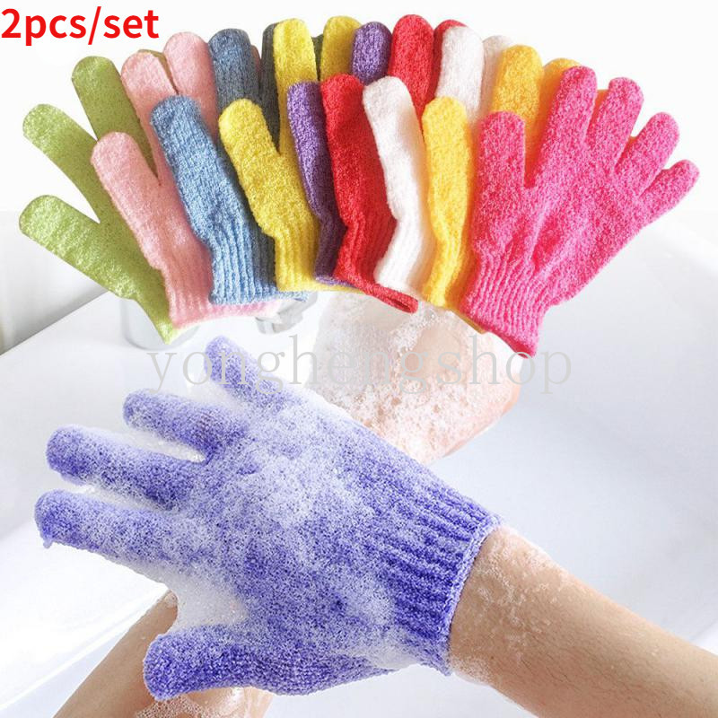 ถุงมืออาบน้ํา แบบห้านิ้ว สุ่มสี สําหรับขัดผิวกาย อาบน้ํา ทําความสะอาด อาบน้ํา 2 ชิ้น ต่อชุด