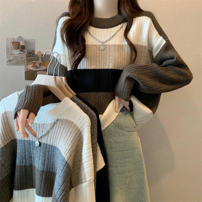 เสื้อครอปท็อปกันหนาว ผ้าถัก ทรงหลวม ลายทาง แฟชั่นเรโทร สไตล์เกาหลี สําหรับผู้หญิง