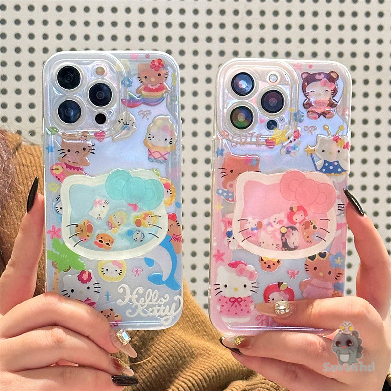 ปลอก ใช้ได้กับ iPhone 11 16 6s Plus 15 14 13 12 Pro Max XR X XS Max 7 8 6 เคสโทรศัพท์การ์ตูน + Shake Bracket ของขวัญวันเกิด Soft TPU ป้องกันฝาครอบใสน่ารัก KT Cat กรณี