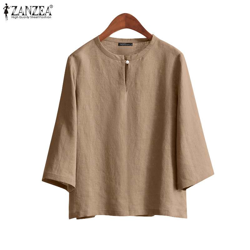 Zanzea เสื้อเบลาส์ปุ่มแขนสามส่วนสีทึบเกาหลีสําหรับผู้หญิง - รูปที่ 6