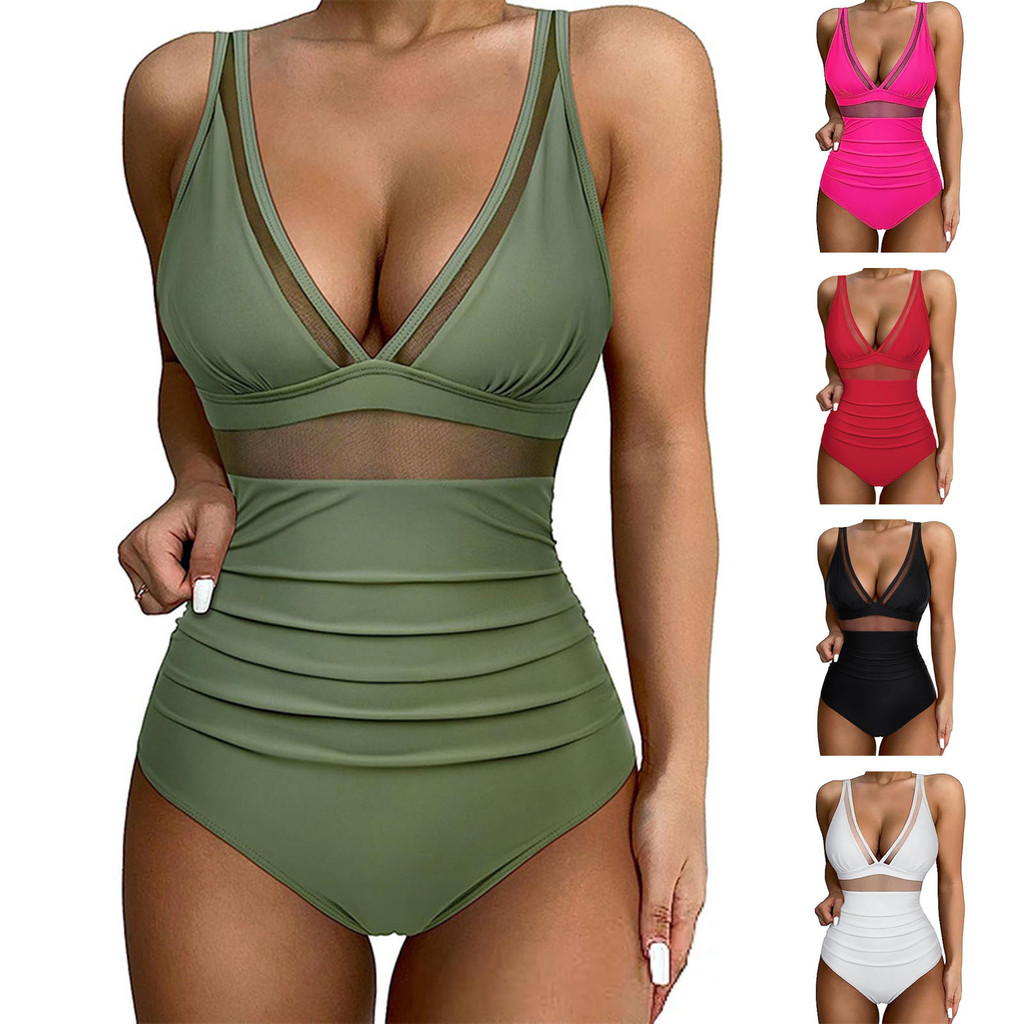VCF ผู้หญิง Monokini ลึก V คอ Slim Fit สไตล์ชุดว่ายน้ําเอวสูงตาข่าย Splicing ชิ้นเดียวบิกินี่หน้าอก 