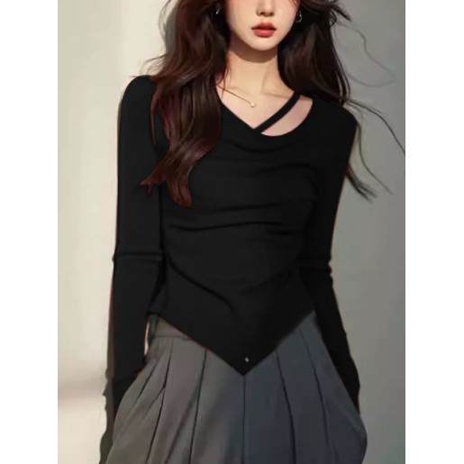 เสื้อสีดํา แฟชั่น เกาหลี ทํางาน สาวอวบ ยาว black top เสื้อไปทะเล เสื้อ oversize ผู้หญิง