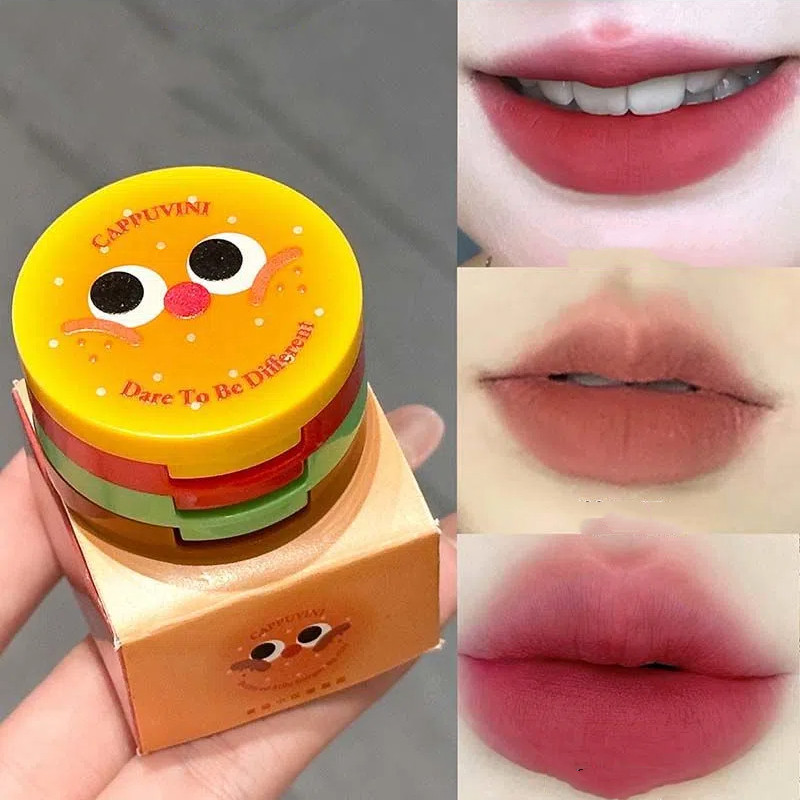 Cappuvini Hamburger 3 สีกระป๋อง Matte Whitening Velvet ไม่ซีดจางลิปสติก