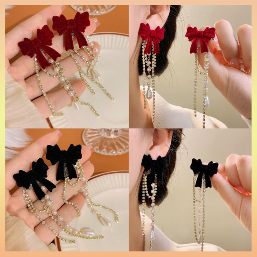 ต่างหูพู่ ประดับโบว์ สีไวน์แดง เครื่องประดับแฟชั่น ของขวัญงานแต่งงาน