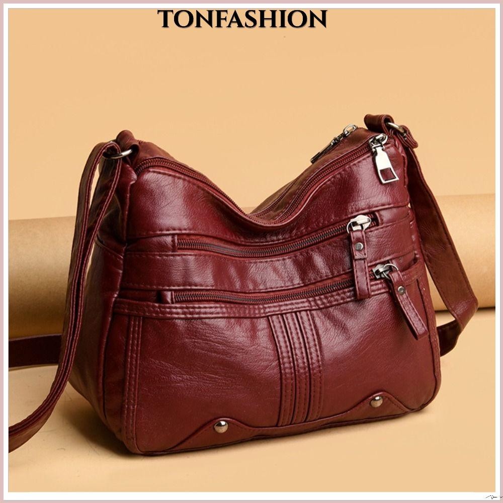 Tonfashion กระเป๋าสะพายไหล่ กระเป๋าถือ หนัง PU นิ่ม สไตล์เรโทร สําหรับสตรี
