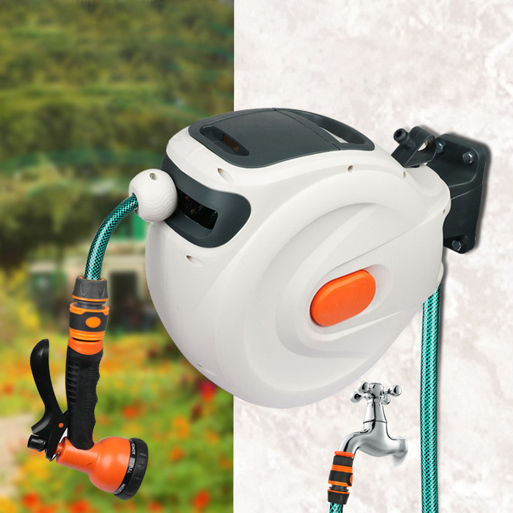 Industrial Retractable Garden Hose Reel ฟรียืน Wall Mount พร้อมหัวฉีดความยาวใดๆล็อคช้ากลับ 180 ° หมุน 10 M