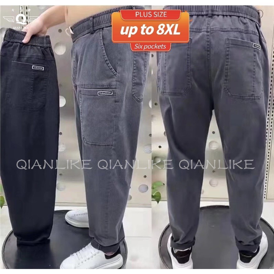 พร้อมส่ง【2xl 5XL 8XL】กางเกงยีนส์ชายไซส์ใหญ่ ยืดหยุ่นได้ ดีไซน์มีหลายกระเป๋า ผ้านุ่ม สีดำและสีเทาให้เลือก
