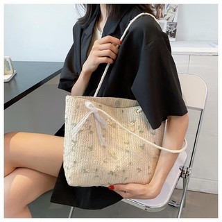 Tas Tote Wanita Bahan Anyam Jerami Motif Lace Pita/Totebag Fashion Korea Motif Lace Pita Impor-BAO034
