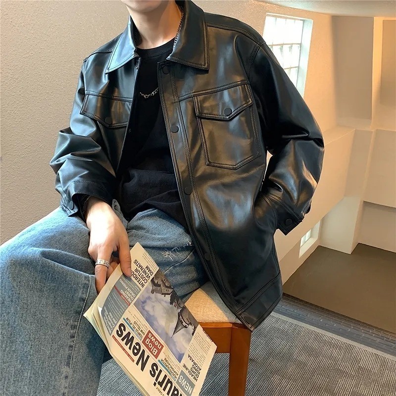 เสื้อแจ็กเก็ตหนัง ทรงหลวม มีหลายกระเป๋า สีดํา สไตล์เกาหลี เรโทร สําหรับผู้ชาย