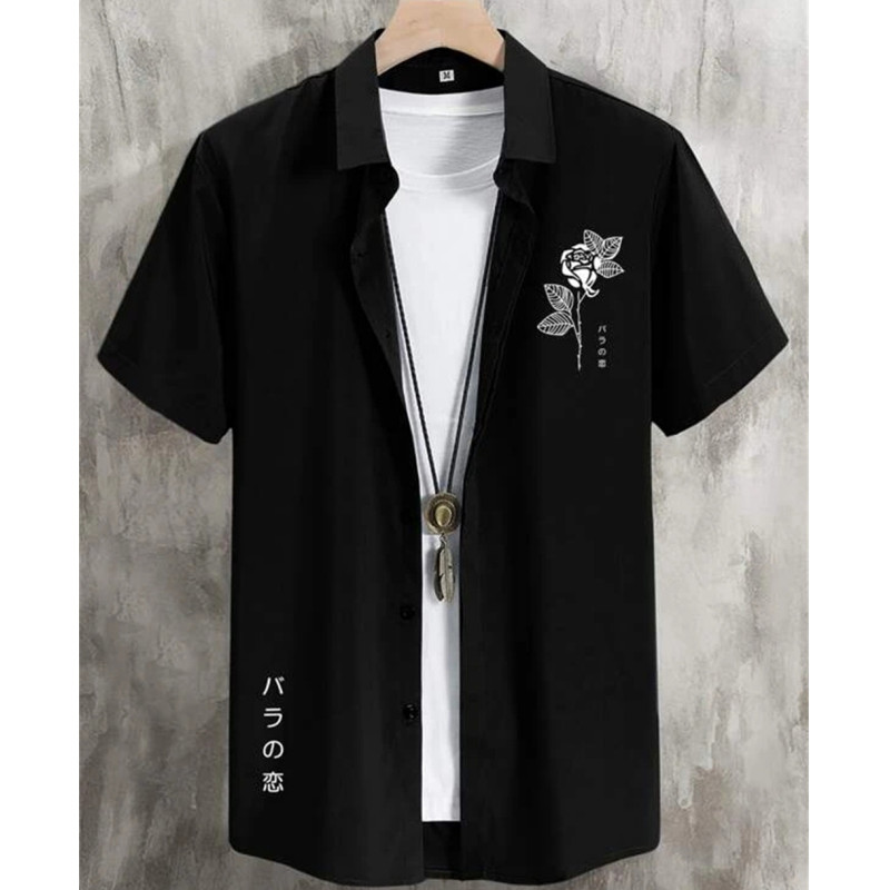 ใหม่ เสื้อเชิ้ตฮาวาย แขนสั้น พิมพ์ลายดอกไม้ และภาษาญี่ปุ่น ทรงหลวม โอเวอร์ไซซ์ สีพื้น ใส่ไปชายหาด ปาร์ตี้ สําหรับผู้ชาย