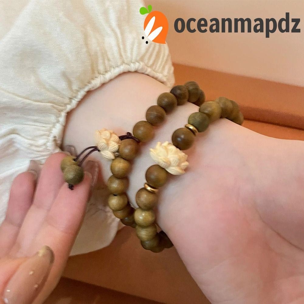 Oceanmapdz กําไลข้อมือ ลูกปัดไม้จันทน์ ดอกบัว ทอมือ สีเขียว ธรรมชาติ ฤดูร้อน