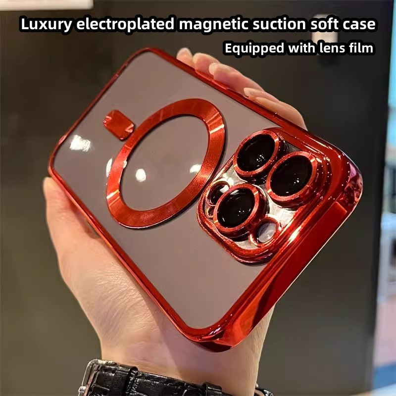 เคสโทรศัพท์มือถือ ซิลิโคนนุ่ม ใส กันกระแทก กันรอยกล้อง พร้อมฟิล์มแม่เหล็ก หรูหรา สําหรับ iPhone 15 14 13 12 11 pro max 14Plus 15Plu