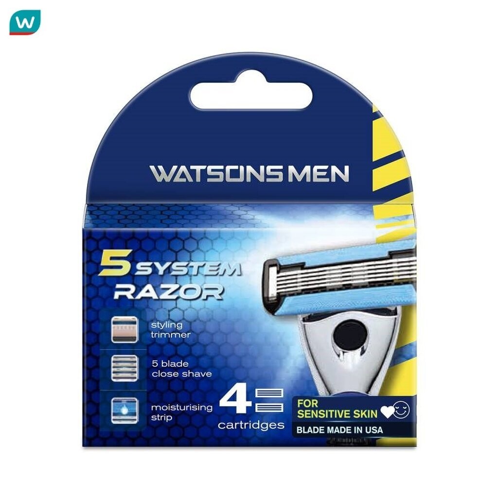 Watsons วัตสัน เม็น 5 ซิสเท็ม เรเซอร์ (คาร์ทริดจ์) ใบมีดสำรอง 4 ชิ้น.
