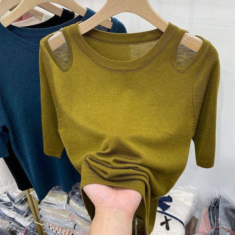 เสื้อยืดแขนสั้น ผ้าเรยอน แบบบาง แต่งรูกลวง แฟชั่นฤดูร้อน สําหรับผู้หญิง