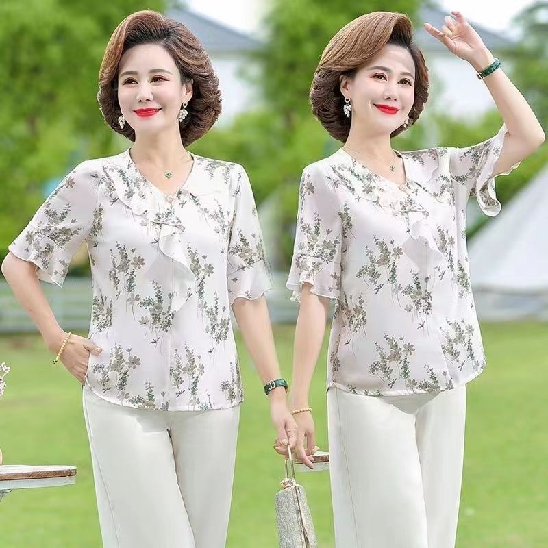 👩‍🦰แม่วัยกลางคนสวมเสื้อยืดแขนสั้นชีฟองเสื้อเชิ้ตขนาดเล็กบางสไตล์สไตล์ตะวันตกวัยกลางคนผู้สูงอายุชุดสตรี ดีเอ็กซ์0628z
