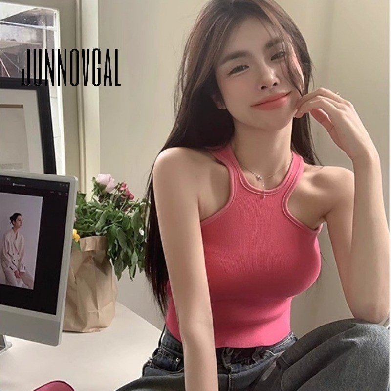 Junnovgal เสื้อสายเดี่ยว ผ้าถัก ลําลอง สีพื้น ทรงสลิมฟิต เข้ากับทุกการแต่งกาย สําหรับผู้หญิง 2024