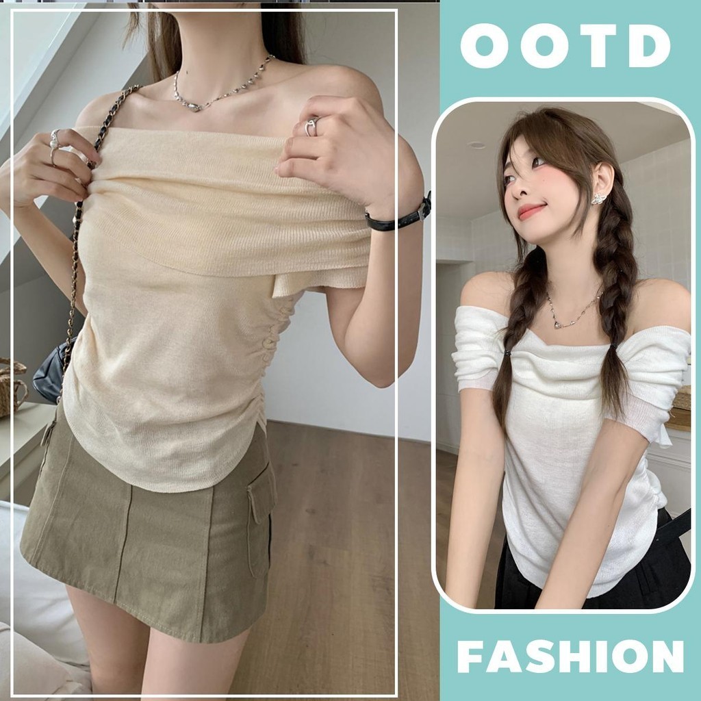 KOKO 6737 เสื้อไหล่เดียวแฟชั่น เสื้อครอปผู้หญิง แขนสั้น เซ็กซี่สไตล์เกาหลี