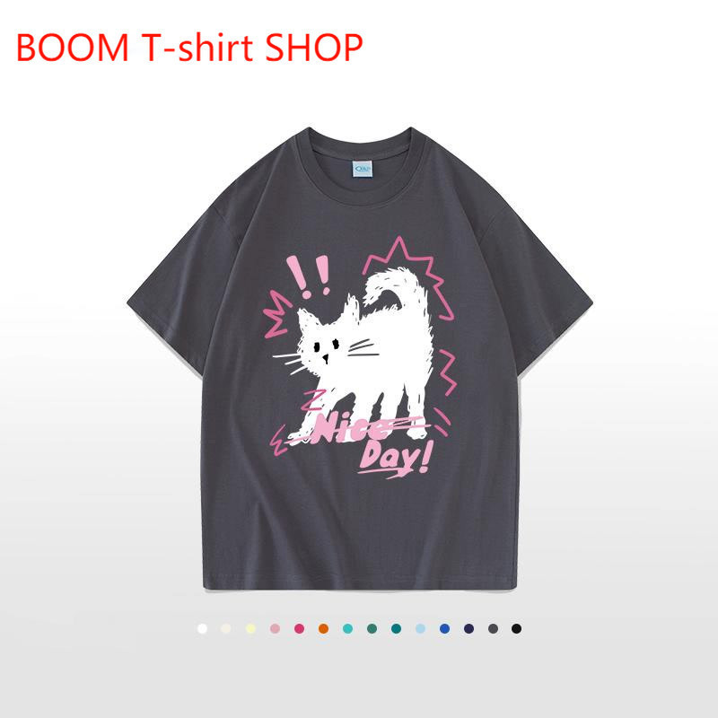 (จัดส่งในกรุงเทพฯ)BOOM SHOP 2024 ฤดูร้อนแมวแขนสั้นผู้ชายและผู้หญิงผ้าฝ้ายแท้เสื้อยืดคู่อเนกประสงค์