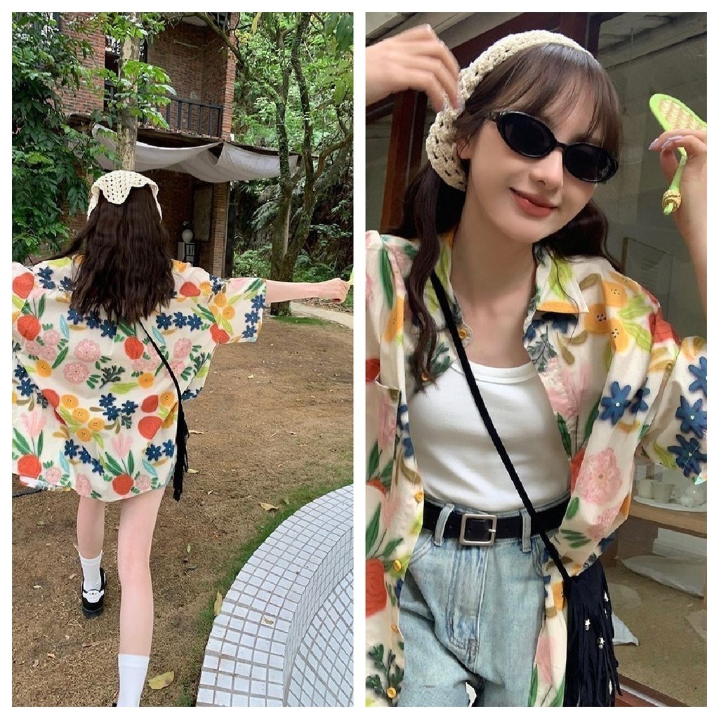 เสื้อเชิ้ตแขนสั้นลายดอกไม้วันหยุด ผู้หญิง หลวม เสื้อสไตล์ฮ่องกง insไตล์วิทยาลัยเกลือ