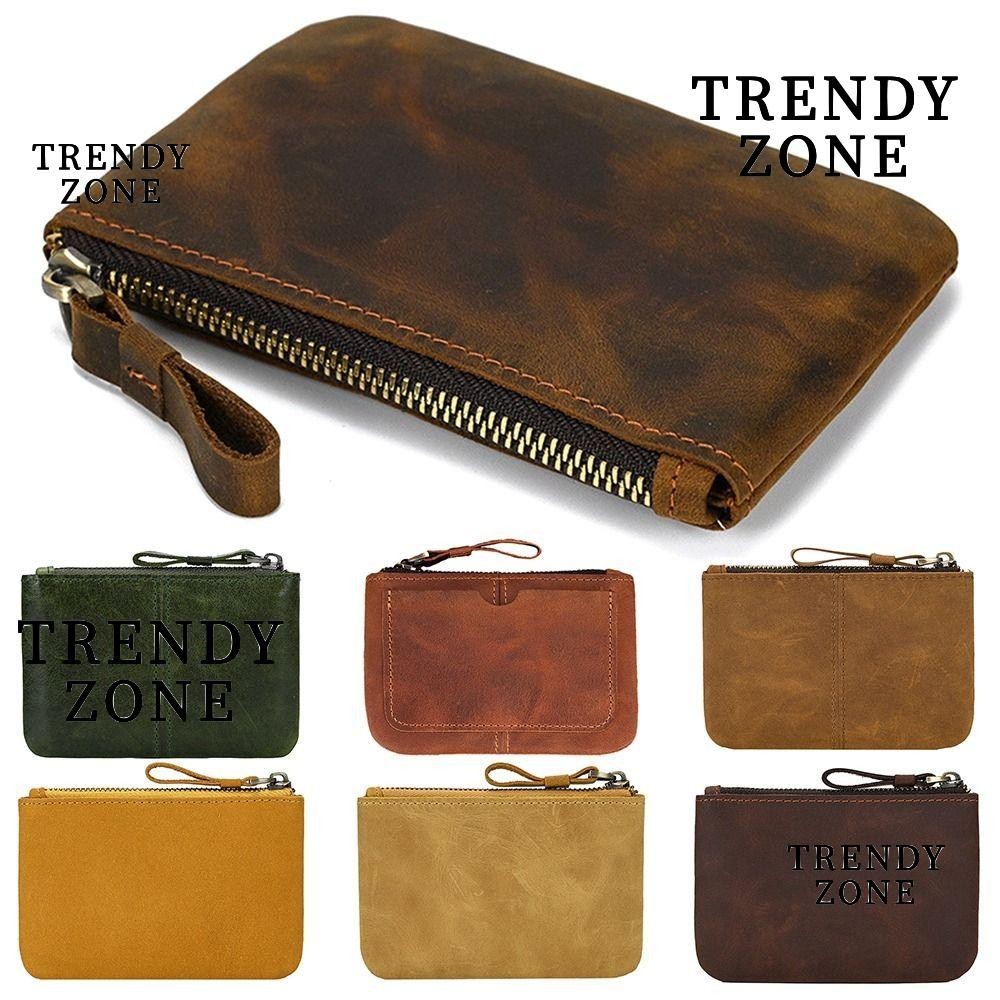 Trendyzone กระเป๋าสตางค์หนังแท้ ใบสั้น มีซิป สไตล์วินเทจ สําหรับใส่เหรียญ บัตร ของขวัญ