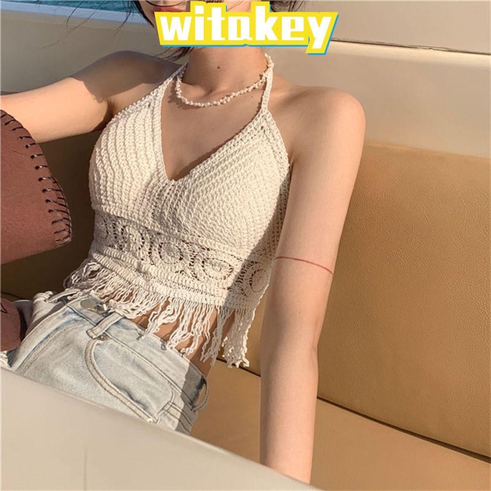 Witakey เสื้อกล้ามสั้น, พู่เย็บปักถักร้อย ชุดชั้นในสตรี, กลวงออก ฤดูร้อน ชายหาด ถัก ชุดชั้นใน