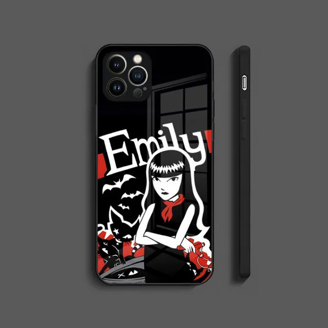 การ ์ ตูน Emily The Strange โทรศัพท ์ กรณีกระจกนิรภัย 002 สําหรับ IPhone 15 14 13 Mini 12 Pro 11 14 Max X XR XS 8 7 6s Plus SE 2020 ปกหลัง 0821