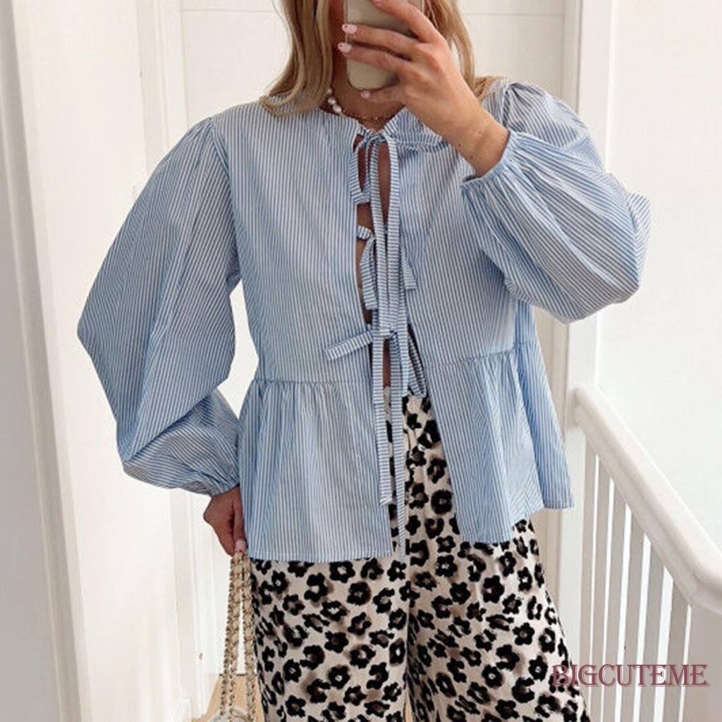 []- เสื้อเชิ้ตแขนยาว ผูกเชือก ทรงหลวม สีพื้น หรูหรา สําหรับผู้หญิง