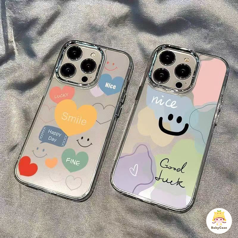 หรูหราชุบเลนส์โลหะน่ารักยิ้มหัวใจรักกรณีเข้ากันได้สำหรับ IPhone 11 12 13 14 Pro Max 15 XR 7 8 Plus X XS Max SE
