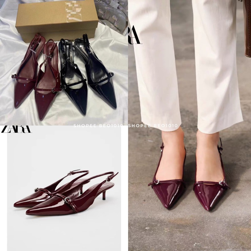 (มีจําหน่าย) Zar Pointed Toe High Heels Low Stiletto Heels Red Black z100