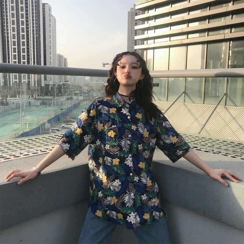 เสื้อเชิ้ตแขนสั้นลายดอกไม้ สไตล์เกาหลีทรงหลวม thumbnail 5