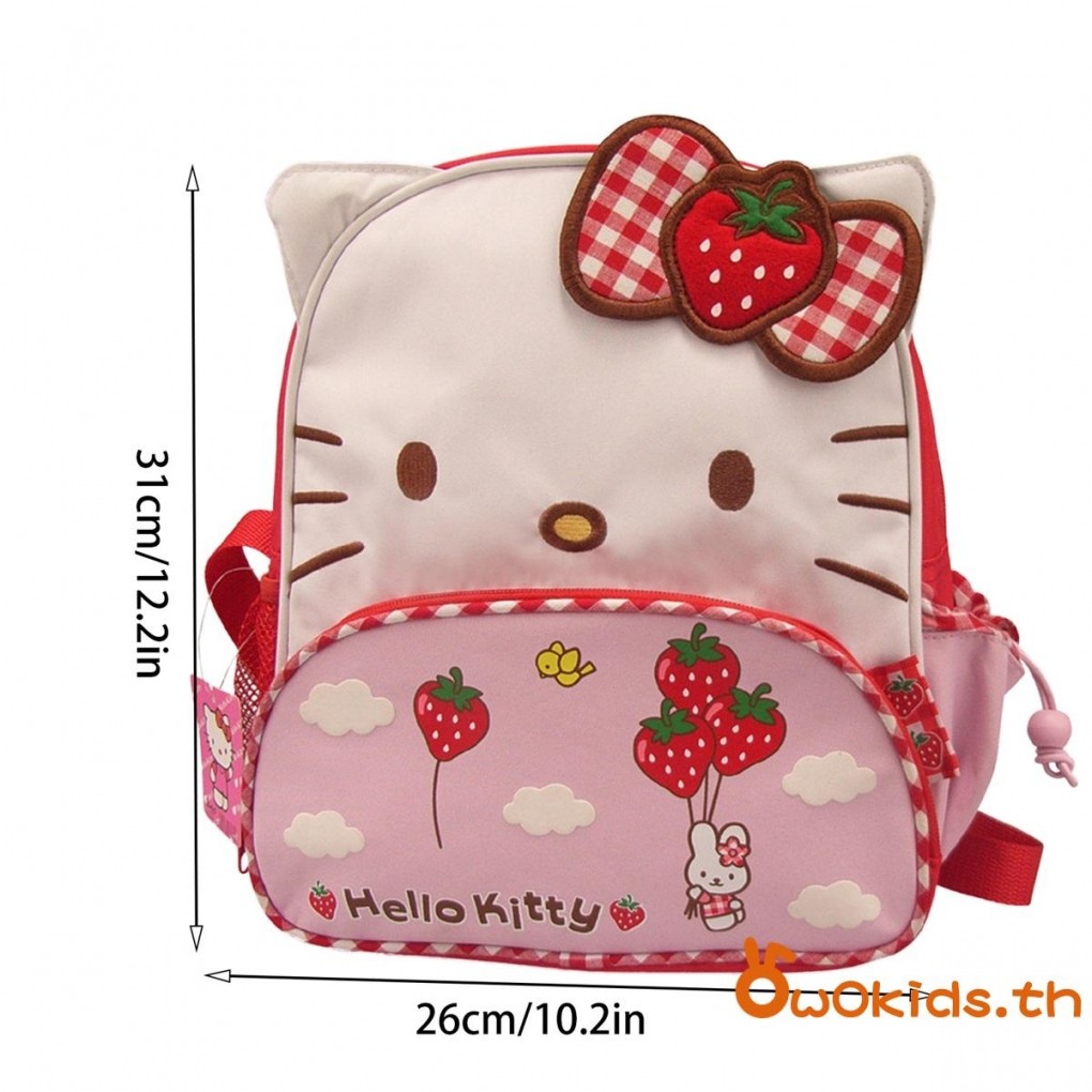 GRAO-Sanrio Hello Kitty กระเป๋าเป้สะพายหลังสําหรับเด็กผู้หญิงน่ารักสตรอเบอร์รี่พิมพ์กระเป๋านักเรียนน้ําหนักเบากระเป๋าหนังสือเด็ก