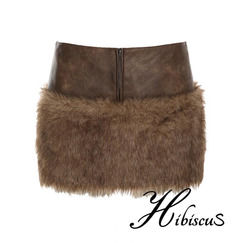 ชบา-ผู้หญิง tidding หนังขนสัตว์ Patchwork กระโปรงต่ําเอวซิปด้านหน้า Bodycon กระโปรงมินิสําหรับงานปาร์ตี้ - รูปที่ 7