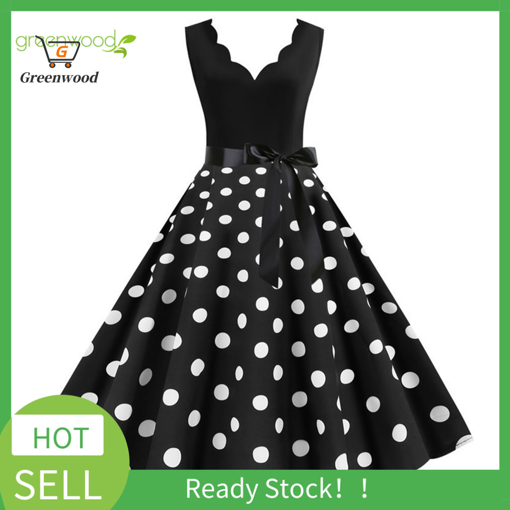 GRE Dot พิมพ์ชุดแขนกุด 1950s Party Dress Vintage ดอกไม้ Lace-up Midi ชุดโบว์รายละเอียดสําหรับ Prom P