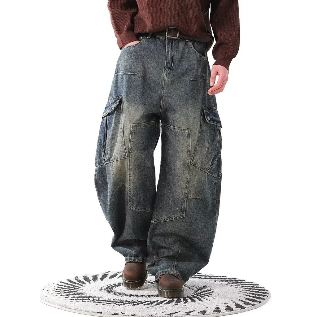 ผู้ชายโค้งมีด ชุดทํางาน กางเกงยีนส์คู่สไตล์กางเกงขากว้างหลวม