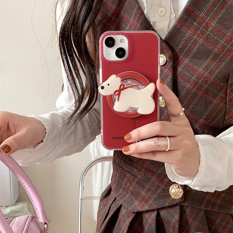 New Design iPhone Magnetic Holder--เปิด&ปิดง่ายRetro New Year Red Tie Dog Casing สําหรับ Apple iPhone 15 Pro Max iPhone 14 13 Magnetic 12 Matte คุณภาพสูง Soft Touch