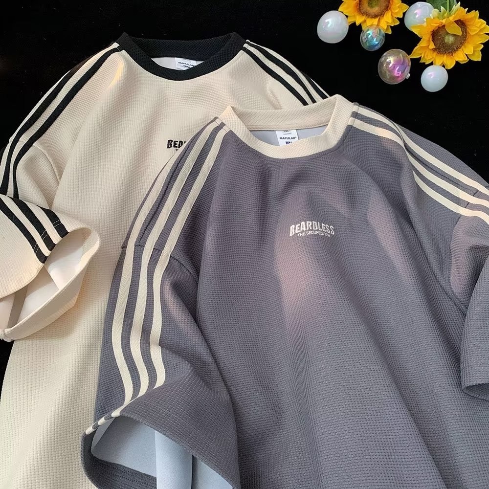 เสื้อยืดแขนสั้นลําลอง ทรงหลวม ลายวาฟเฟิล แนวสตรีท อเมริกัน แฟชั่นฤดูร้อน สําหรับผู้ชาย 2024