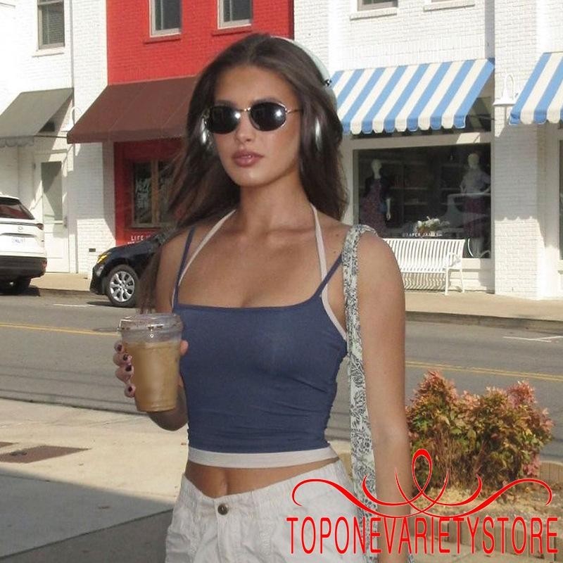 Topone-women Contrast Color Camisoles สปาเก็ตตี้เสื้อแขนกุดฤดูร้อนปลอมสองชิ้น Slim Fit Crop Tops