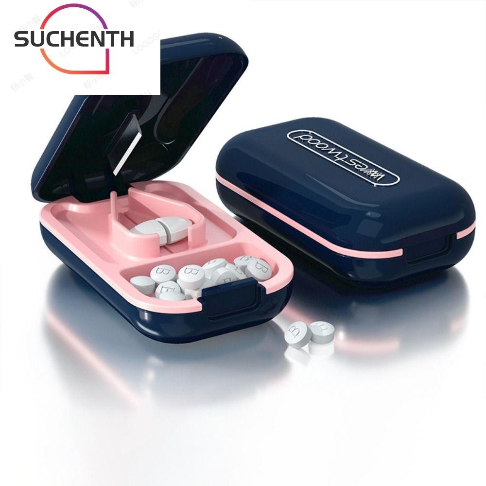 Suchenth 2 In 1 ที่ตัดแบ่งเม็ดยา ขนาดเล็ก แบบพกพา ทนทาน กันฝุ่น พร้อมกล่องเก็บยา และกล่องแบ่งเม็ดยา ขนาดเล็ก และขนาดใหญ่